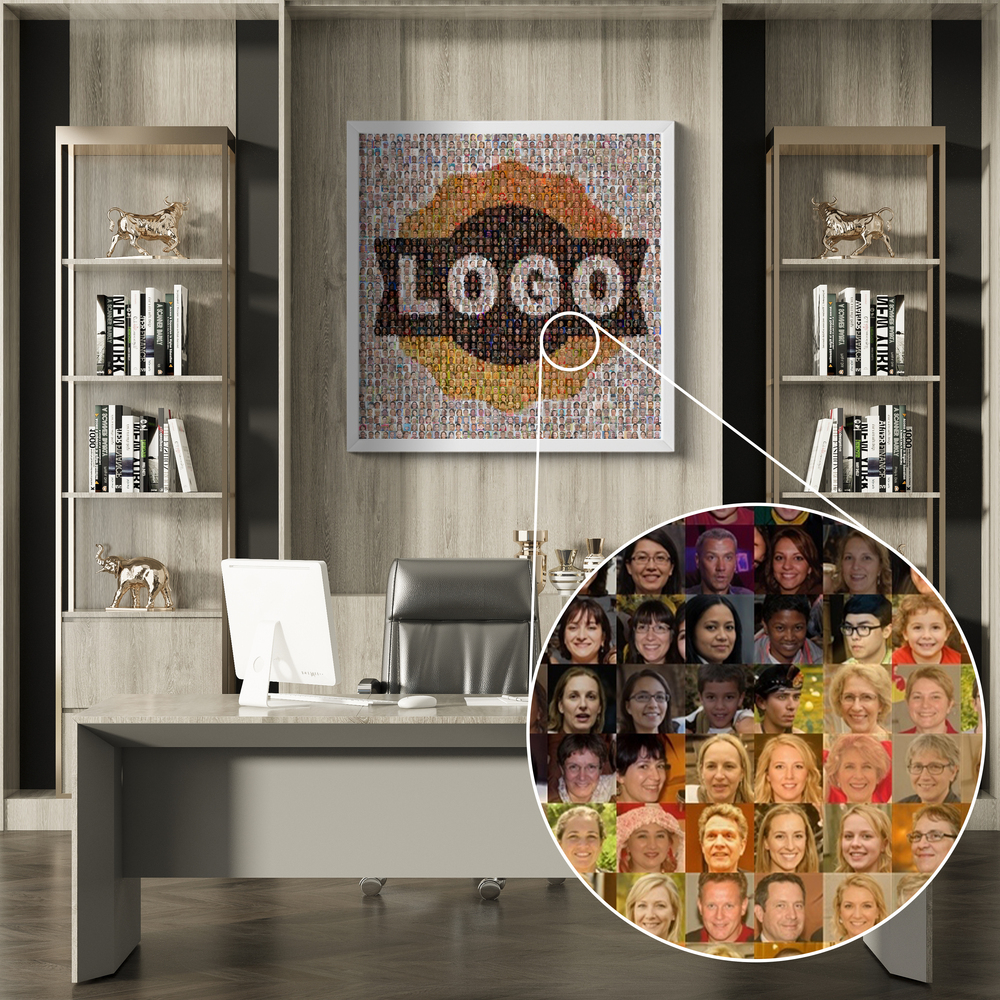 Fotomosaik mit Firmenlogo über dem Büroschreibtisch, mit vergrößertem Ausschnitt der Mitarbeiterfotos